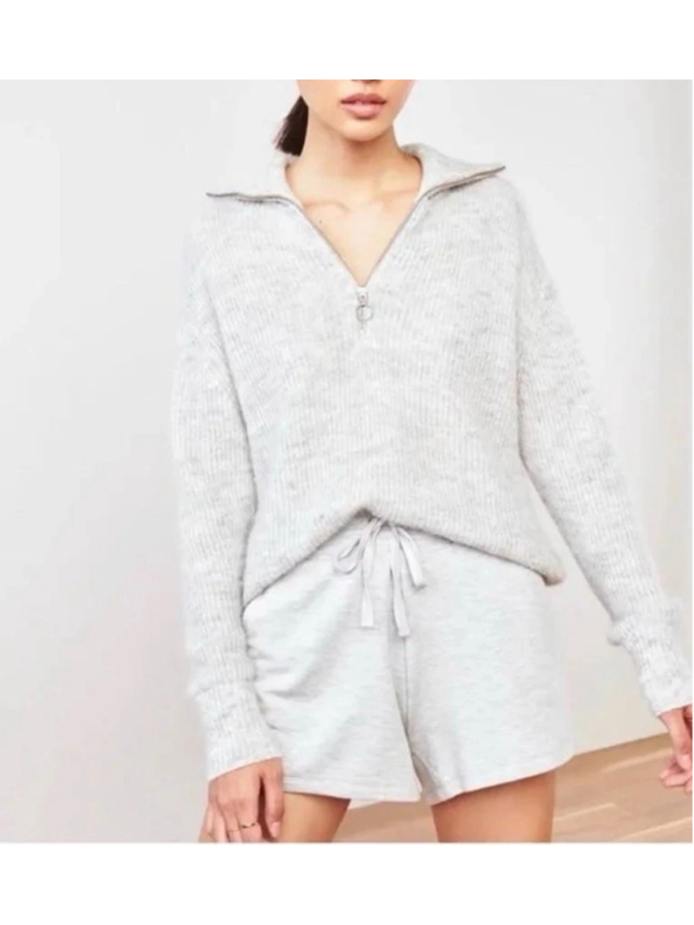 Quince Women's Baby Alpaca-Wool Quarter Zip Sweater Size L (24” PTP) Light Grey